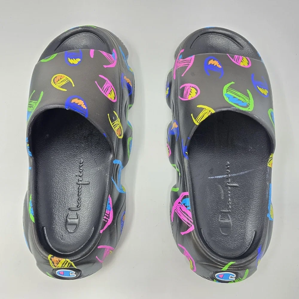 Champion Kids Hyper Slide Black Multicolor Scribble Logo Platform Sandals Size 5